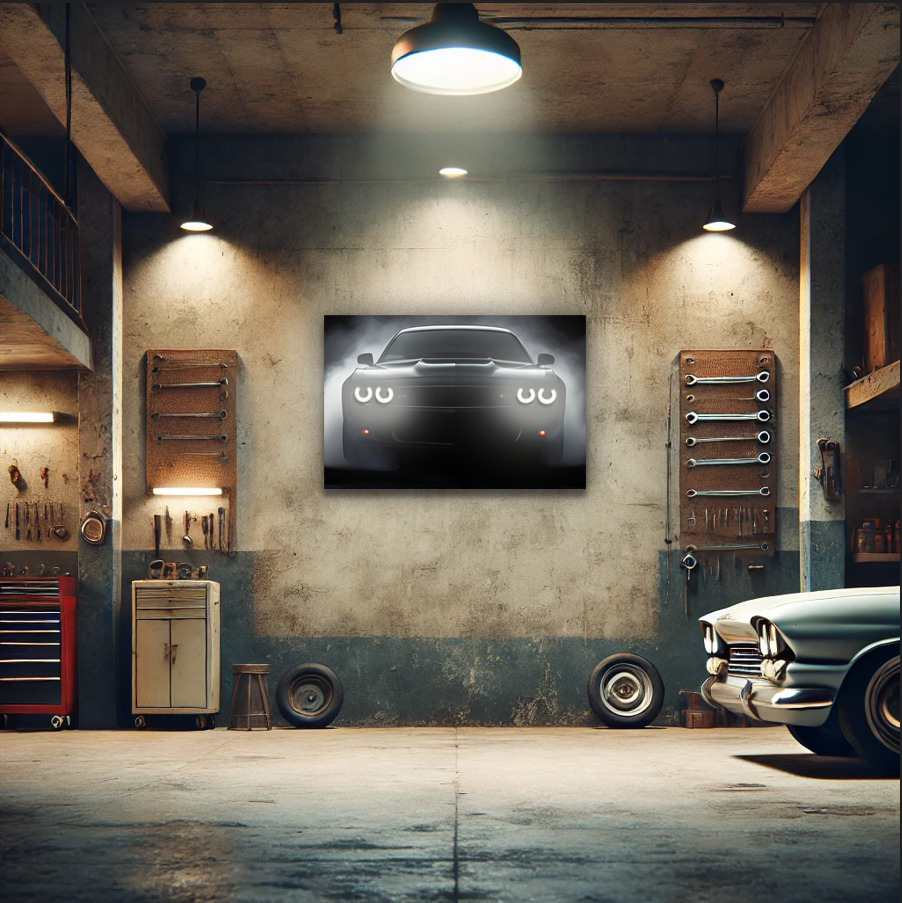 Araba UV Baskı Neon Duvar Dekoru | Sisli Fonlu Işıklı Pleksi Tablo | Modern Otomobil Temalı Duvar Sanatı