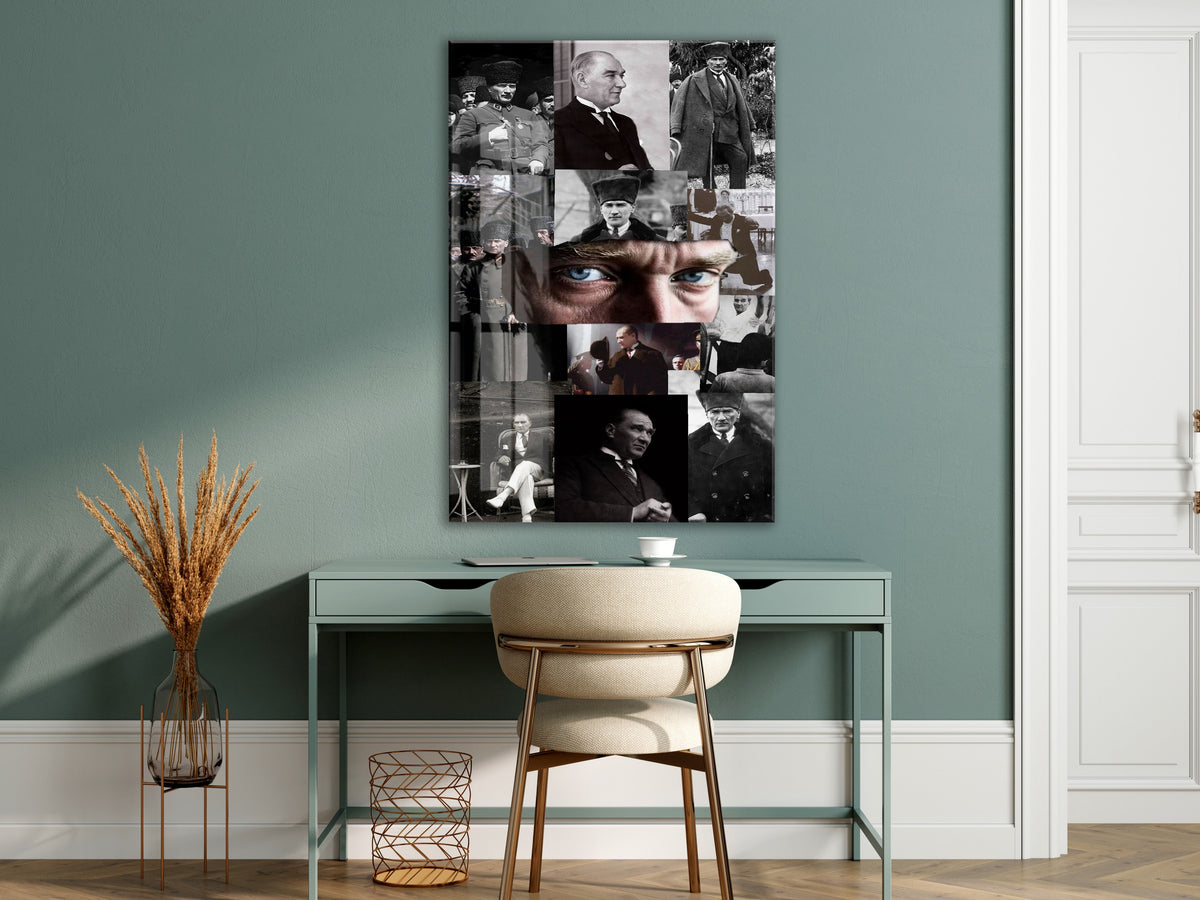 Atatürk Fotoğraf Kolajı Cam Tablo – Cumhuriyetin Kurucusu Temalı Özel Cam Duvar Tablosu -PeonyAta067