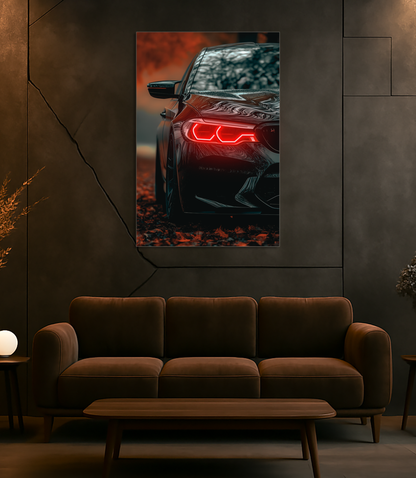 Siyah Spor Otomobil UV Baskı Neon Duvar Tablosu | Kırmızı LED Işıklı Pleksi Duvar Dekoru