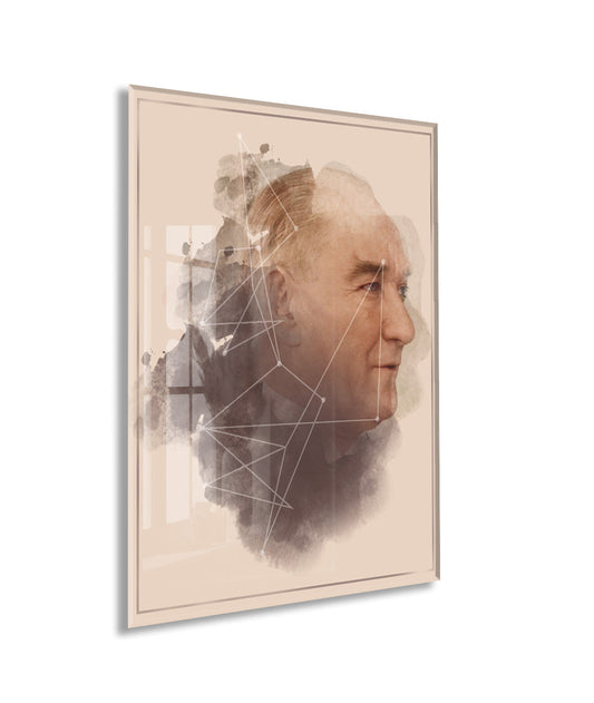 Modern Sanatsal Atatürk Profil Cam Tablo – Akıl ve Vizyonu Simgeleyen 4 mm Temperli Cam Duvar