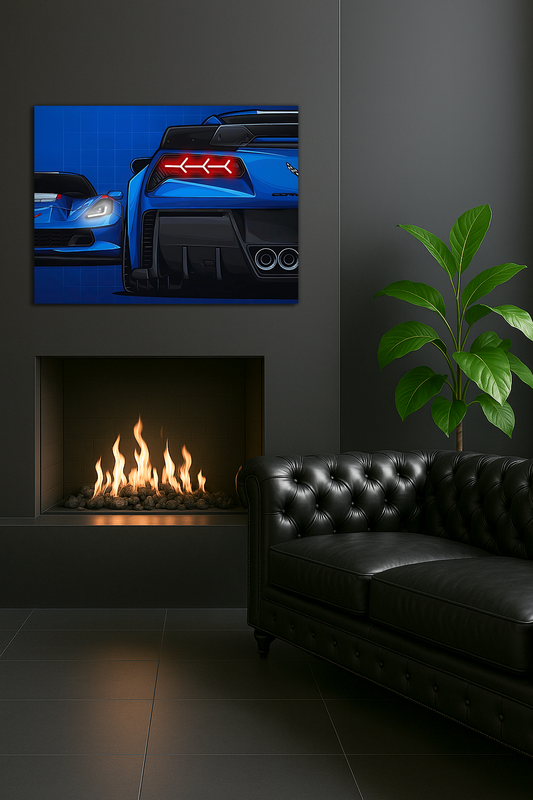 Mavi Corvette Tarzı UV Baskı Neon Duvar Dekoru | Pleksi Işıklı Süper Araba Tablo