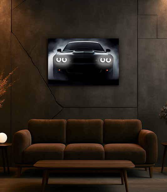 Araba UV Baskı Neon Duvar Dekoru | Sisli Fonlu Işıklı Pleksi Tablo | Modern Otomobil Temalı Duvar Sanatı