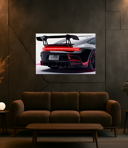 Siyah Spor Araba UV Baskı Neon Duvar Dekoru | GT Tarzı Pleksi Tablo | Kırmızı Işıklı Modern Duvar Sanatı