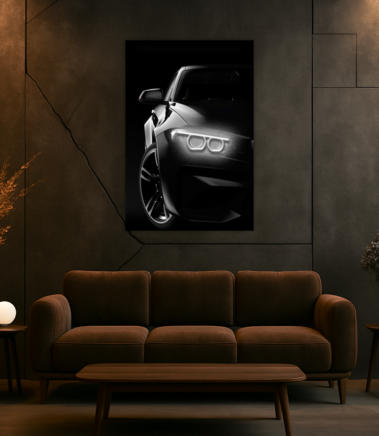 Siyah Lüks Araba UV Baskı Neon Duvar Dekoru | Pleksi Işıklı Spor Araba Tablo | Modern Ofis ve Salon Dekoru