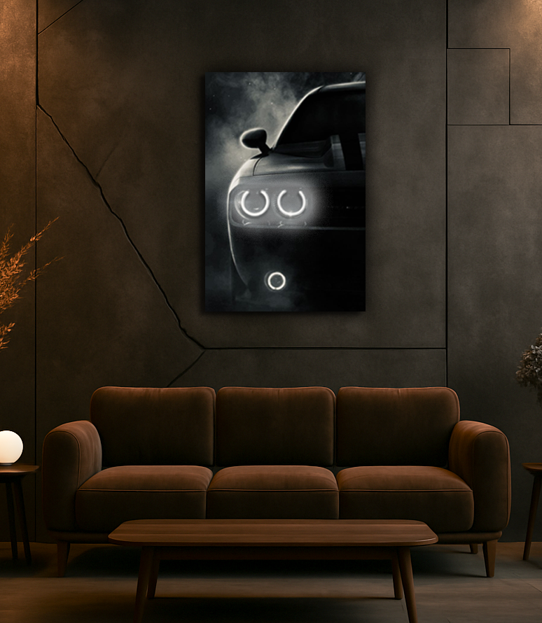 UV Baskı Neon Duvar Dekoru | Pleksi Işıklı Araba Tablo | Sisli Arka Planlı Modern Duvar Sanatı