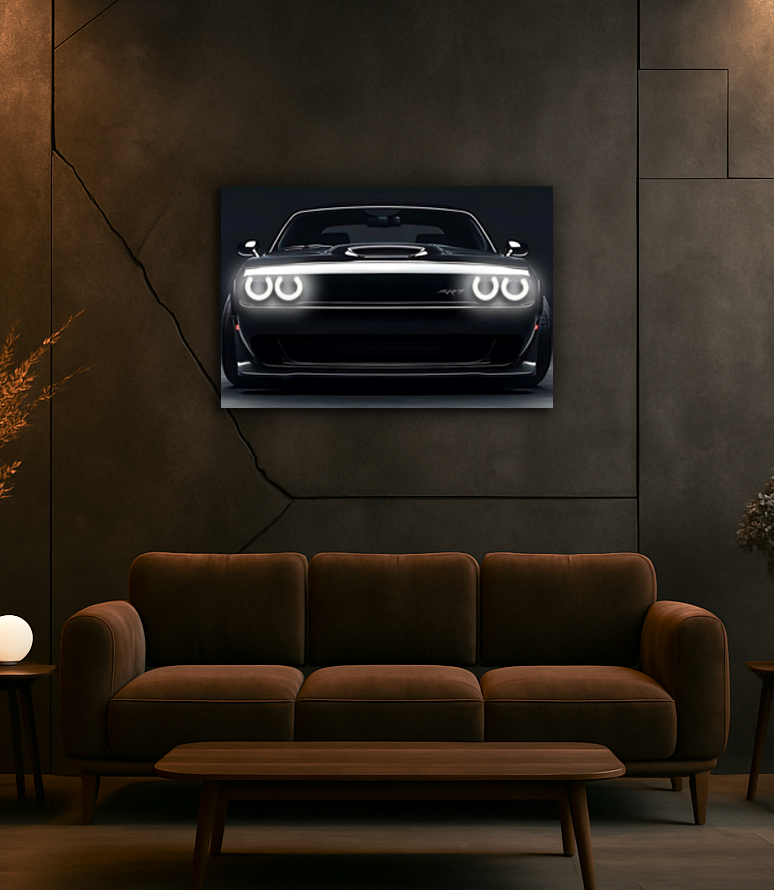 Araba UV Baskı Neon Duvar Dekoru | Parlak Far Efektli Pleksi Tablo | Modern Otomobil Temalı Duvar Sanatı