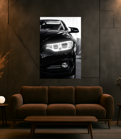 Siyah Otomobil UV Baskı Neon Duvar Tablosu | Beyaz LED Far Detaylı Pleksi Dekor | Modern Otomobil Duvar Sanatı