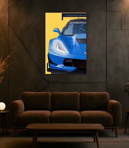Mavi Corvette Tarzı Yarış Araba UV Baskı Neon Duvar Dekoru | Pleksi Işıklı Spor Araba Tablo | Modern Ev Dekoru