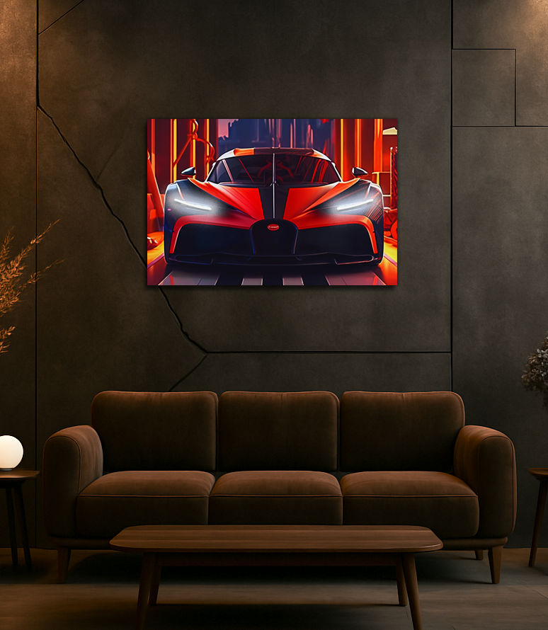 Kırmızı Bugatti Tarzı UV Baskı Neon Duvar Dekoru | Pleksi Işıklı Süper Araba Tablo | Gamer Room Duvar Sanatı