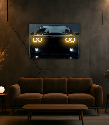 Siyah Muscle Car UV Baskı Neon Duvar Dekoru | Pleksi Işıklı Araba Tablo | Güçlü Far Efektli Modern Duvar Sanatı