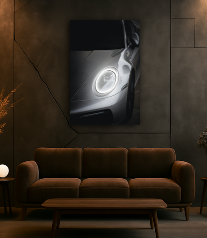 Gri Spor Otomobil UV Baskı Neon Tablo | Yuvarlak LED Far Detaylı Pleksi Duvar Dekoru | Minimalist Otomobil Sanatı