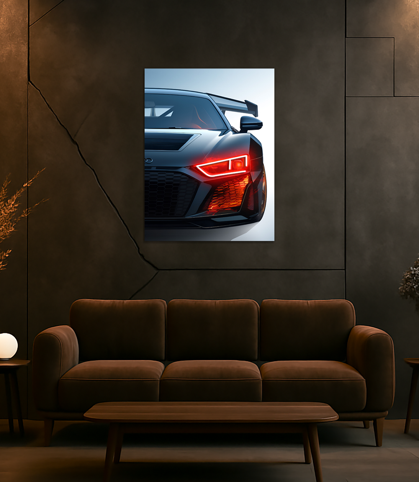 Siyah Audi R Tarzı UV Baskı Neon Duvar Dekoru | Pleksi Işıklı Spor Araba Tablo | Modern Ev ve Ofis Dekoru