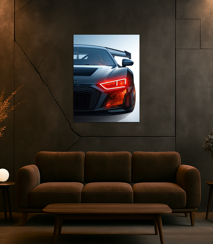 Siyah Audi R Tarzı UV Baskı Neon Duvar Dekoru | Pleksi Işıklı Spor Araba Tablo | Modern Ev ve Ofis Dekoru