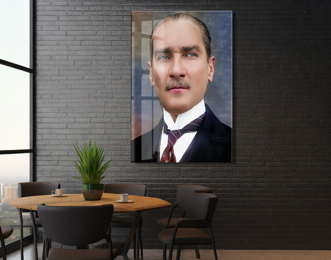 Atatürk Cam Tablo – Zamansız ve Asil Portre, 4 mm Temperli Cam Üzerine Modern Duvar Dekoru