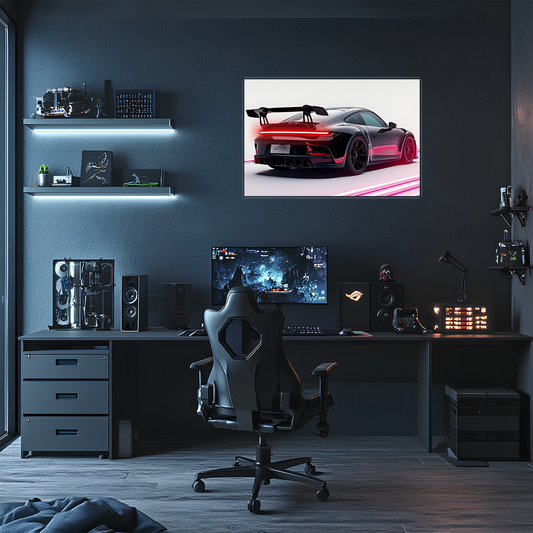 Siyah GT Spor Araba UV Baskı Neon Duvar Dekoru | Pleksi Işıklı Duvar Tablosu