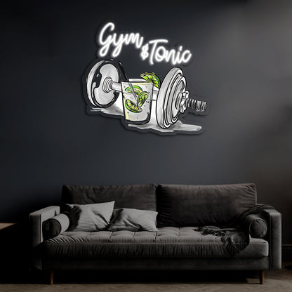 Gym & Tonic Neon Duvar Dekoru | Spor ve Kokteyl Temalı LED Işıklı Tablo | UV Baskı Pleksi Neon
