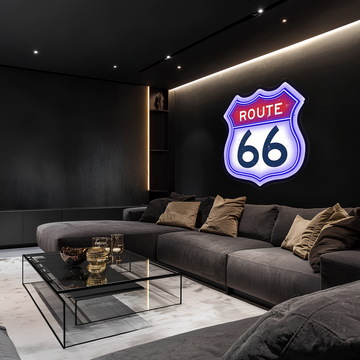 Route 66 Neon Duvar Dekoru | Retro Amerikan Karayolu Temalı LED Işıklı Tabela