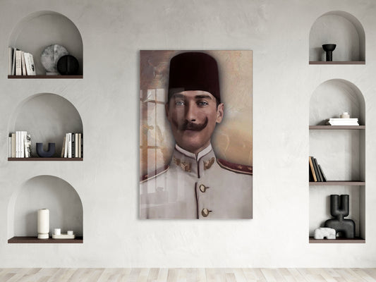 Atatürk Cam Tablo – Fesli Portre Tasarımı, 4 mm Temperli Cam Üzerine Modern ve Klasik Duvar Dekoru