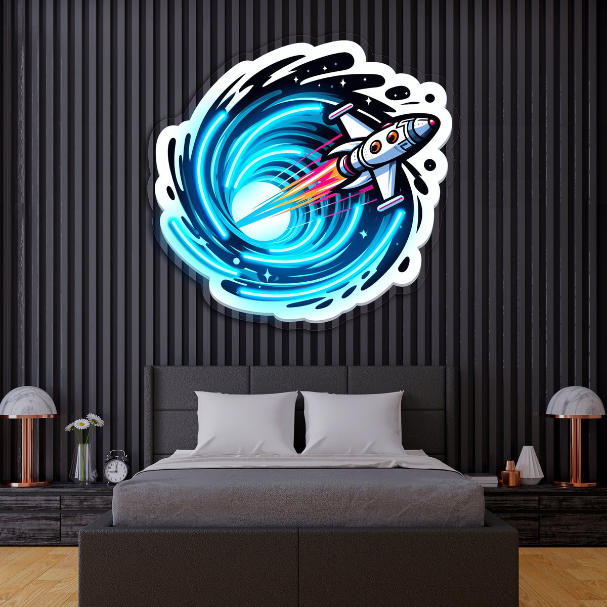 Roket Temalı Neon Duvar Dekoru | Uzay ve Astronot Konseptli LED Tablo