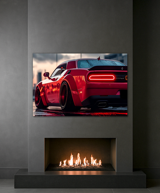 Kırmızı Muscle Car UV Baskı Neon Duvar Dekoru | Pleksi Işıklı Spor Araba Tablo