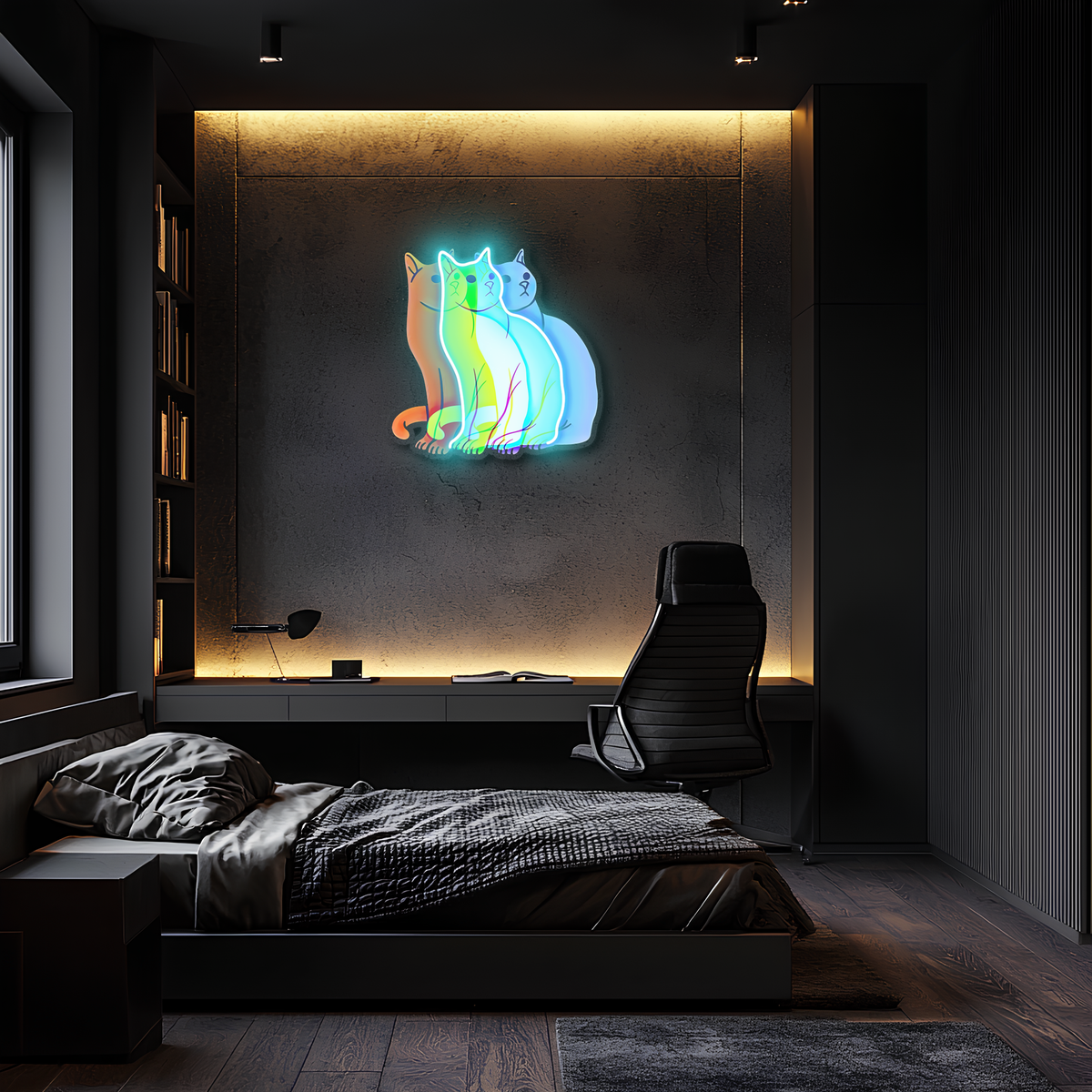 Üç Renkli Kedi Neon Duvar Dekoru | Gökkuşağı Işıklı Pleksi Tablo | Modern ve Minimalist Ev Dekoru