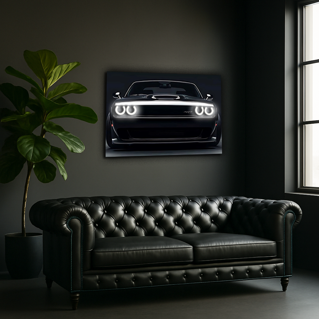 Araba UV Baskı Neon Duvar Dekoru | Parlak Far Efektli Pleksi Tablo | Modern Otomobil Temalı Duvar Sanatı