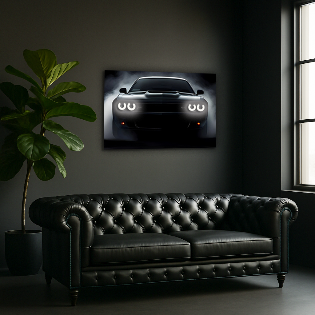 Araba UV Baskı Neon Duvar Dekoru | Sisli Fonlu Işıklı Pleksi Tablo | Modern Otomobil Temalı Duvar Sanatı