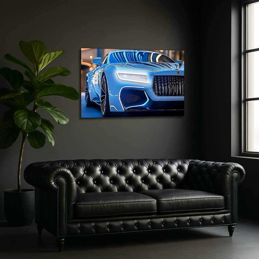 Mavi Spor Araba UV Baskı Neon Duvar Dekoru | Gamer Room Pleksi Işıklı Tablo | Modern Araba Temalı Duvar Sanatı