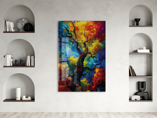 Renk Patlaması Soyut Ağaç Cam Tablo – Modern Sanat Temalı UV Baskılı Temperli Cam Duvar Tablosu