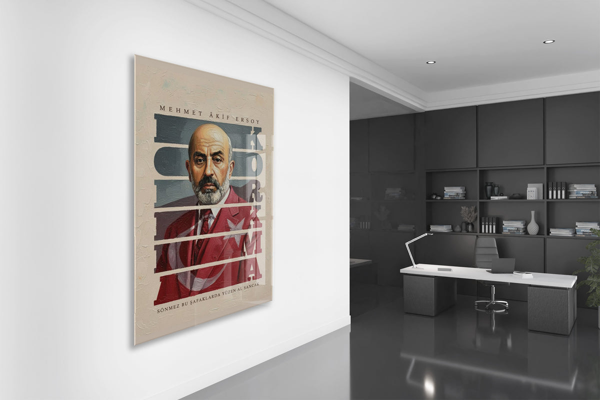 Mehmet Akif Ersoy Cam Tablo – “Korkma” Temalı Sanatsal Portre, 4 mm Temperli Cam Duvar Dekoru