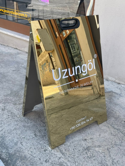 Aynalı Gold Paslanmaz A Tabela | Lüks Metal Kaldırım Tabelası | Dış Mekan Reklam Standı | 3 Boy Seçeneği