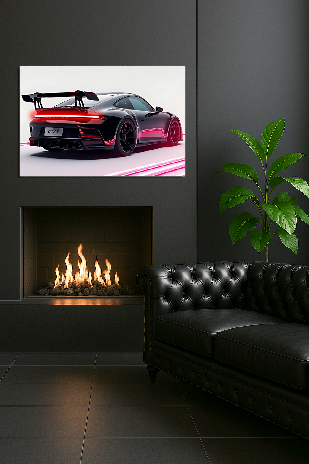Siyah GT Spor Araba UV Baskı Neon Duvar Dekoru | Pleksi Işıklı Duvar Tablosu | Modern Ev ve Ofis Dekoru