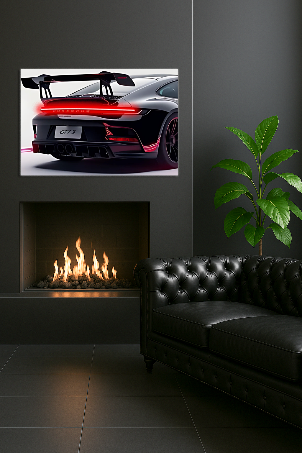 Siyah Spor Araba UV Baskı Neon Duvar Dekoru | GT Tarzı Pleksi Tablo | Kırmızı Işıklı Modern Duvar Sanatı