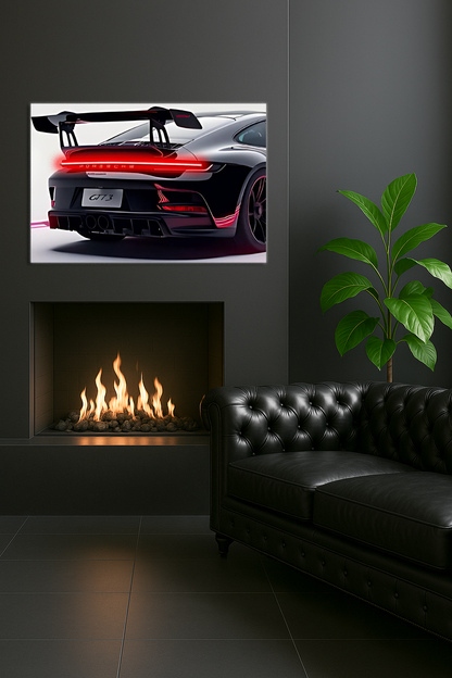 Siyah Spor Araba UV Baskı Neon Duvar Dekoru | GT Tarzı Pleksi Tablo | Kırmızı Işıklı Modern Duvar Sanatı