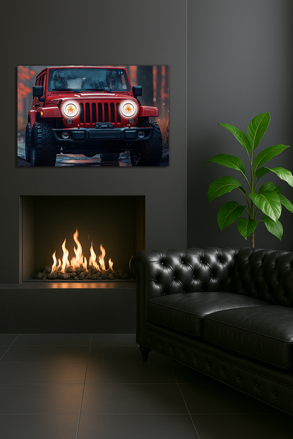 Kırmızı Jeep Tarzı UV Baskı Neon Duvar Dekoru | Pleksi Işıklı Araba Tablo | Gamer Room ve Ofis Dekoru