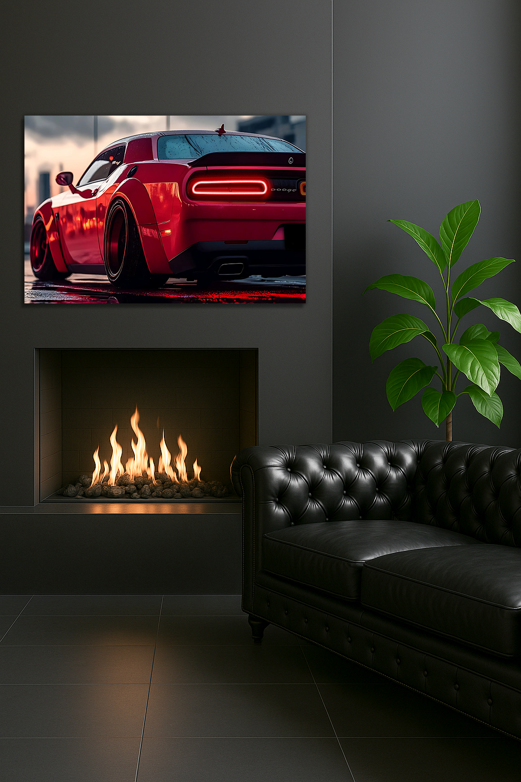 Kırmızı Muscle Car UV Baskı Neon Duvar Dekoru | Pleksi Işıklı Spor Araba Tablo | Modern Ev ve Ofis Dekoru