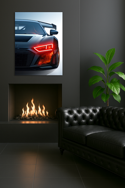 Siyah Audi R Tarzı UV Baskı Neon Duvar Dekoru | Pleksi Işıklı Spor Araba Tablo | Modern Ev ve Ofis Dekoru