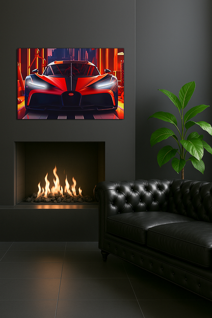 Kırmızı Bugatti Tarzı UV Baskı Neon Duvar Dekoru | Pleksi Işıklı Süper Araba Tablo | Gamer Room Duvar Sanatı