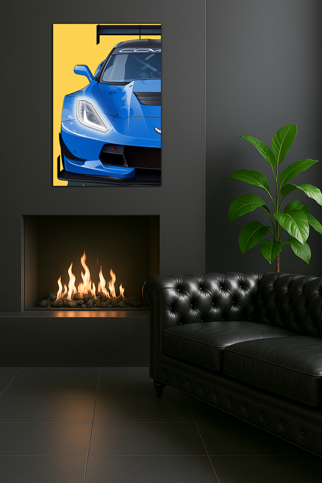 Mavi Corvette Tarzı Yarış Araba UV Baskı Neon Duvar Dekoru | Pleksi Işıklı Spor Araba Tablo | Modern Ev Dekoru