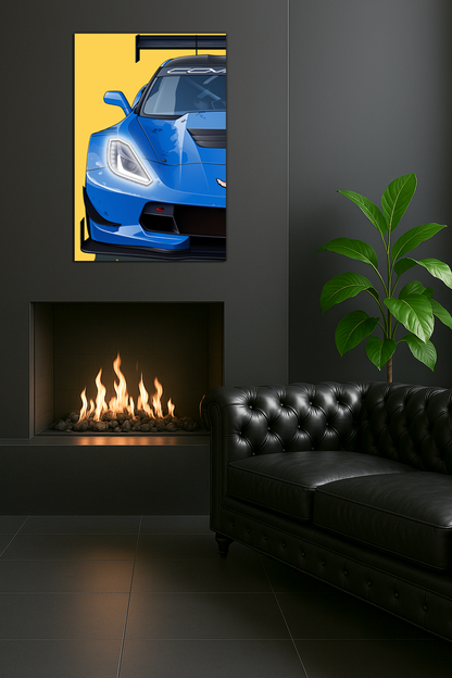 Mavi Corvette Tarzı Yarış Araba UV Baskı Neon Duvar Dekoru | Pleksi Işıklı Spor Araba Tablo | Modern Ev Dekoru