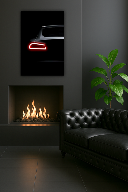 Minimalist Siyah Araba UV Baskı Neon Duvar Dekoru | Kırmızı Işıklı Pleksi Tablo | Modern Salon ve Ofis Duvar Sanatı