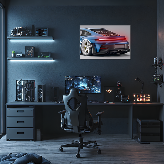 Mavi GT Tarzı Spor Araba UV Baskı Neon Duvar Dekoru | Pleksi Işıklı Tablo | Modern Ev ve Ofis Dekoru