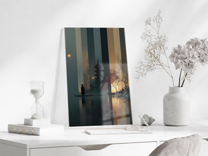 Modern Asya Tapınak Silüeti Cam Tablo – Gece ve Gün Batımı Temalı Sanatsal UV Baskılı Temperli Cam