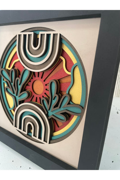 Boho Gökkuşağı & Güneş Katmanlı Tablo – Renkli MDF Çerçeve Duvar Dekoru – El Yapımı Spiritüel Sanat