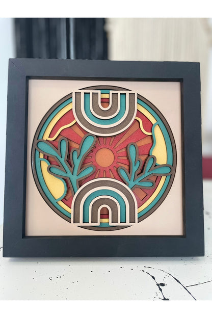 Boho Gökkuşağı & Güneş Katmanlı Tablo – Renkli MDF Çerçeve Duvar Dekoru – El Yapımı Spiritüel Sanat