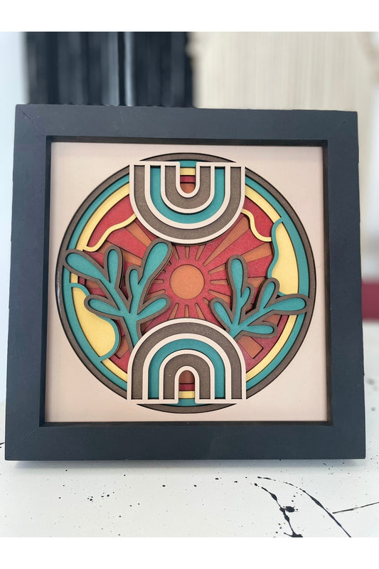 Boho Gökkuşağı & Güneş Katmanlı Tablo – Renkli MDF Çerçeve Duvar Dekoru – El Yapımı Spiritüel Sanat