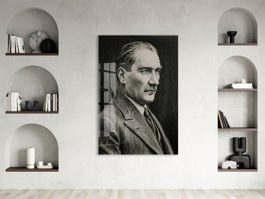 Mustafa Kemal Atatürk Karakalem Cam Tablo