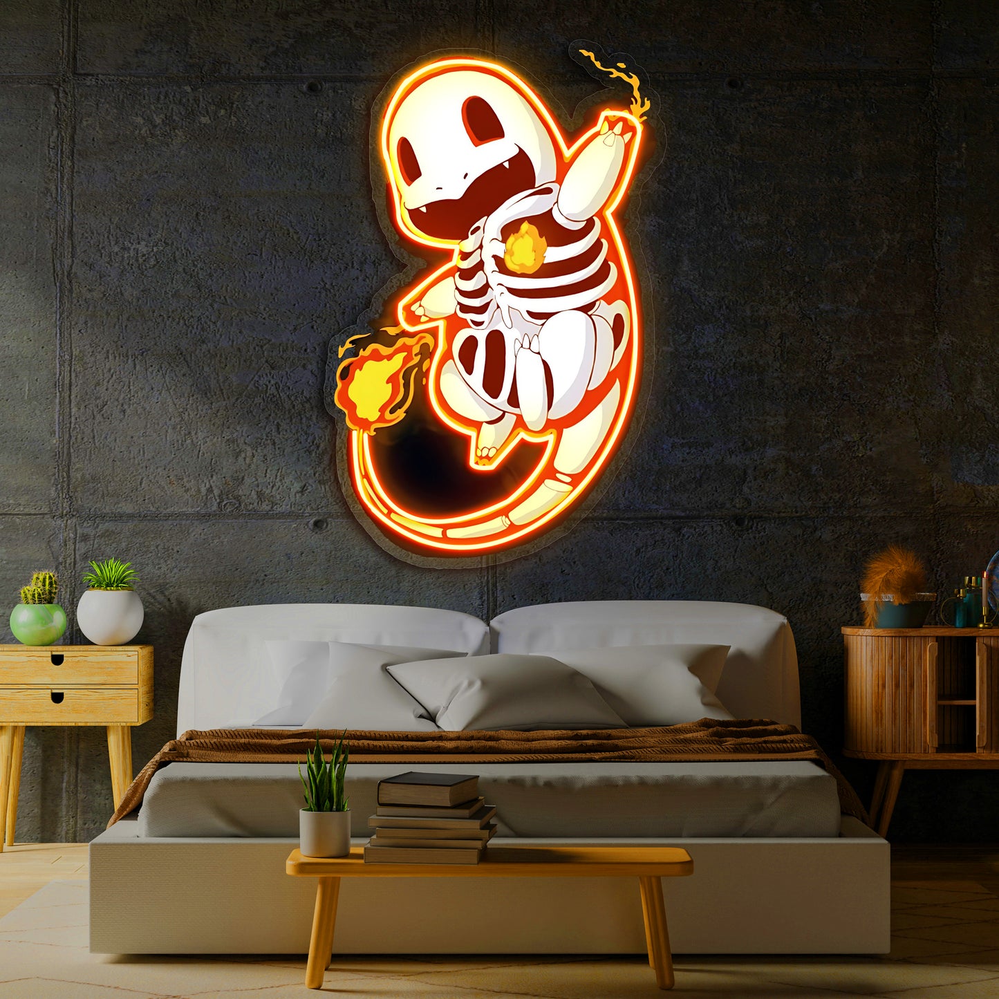 Charmander Neon Duvar Dekoru | Ateş Pokémon LED Işıklı Tablo | Anime ve Oyun Odası Dekoru | UV Baskı Pleksi Neon