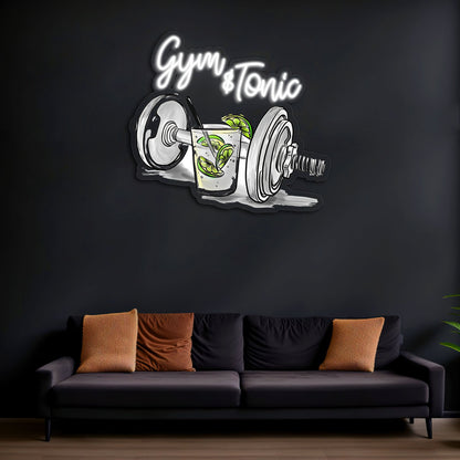 Gym & Tonic Neon Duvar Dekoru | Spor ve Kokteyl Temalı LED Işıklı Tablo | UV Baskı Pleksi Neon