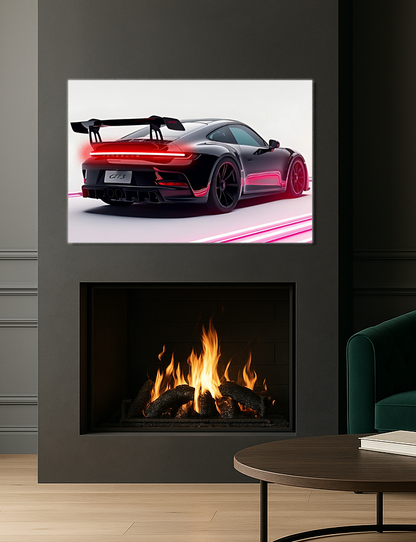 Siyah GT Spor Araba UV Baskı Neon Duvar Dekoru | Pleksi Işıklı Duvar Tablosu | Modern Ev ve Ofis Dekoru